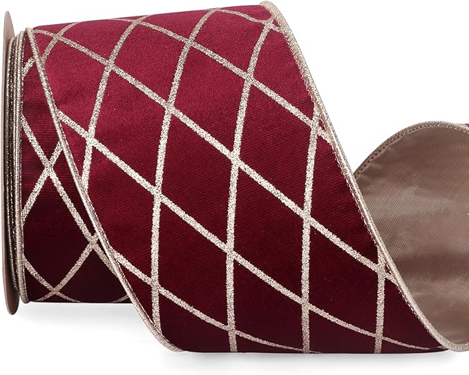 Ribbli Burgundy Velvet Ribbon Wired with Glitter Diamond Grid 4 Inch Christmas Ribbon for Christmas Tree Decoration Big Bow Gift Wrapping Crafts Wreaths Garland Supplies - 10 Yards