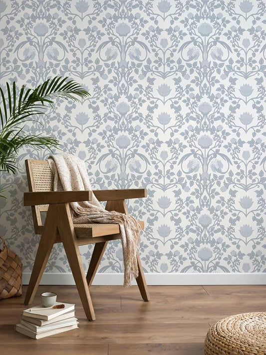 17.3"×78.7" Blue Floral Peel and Stick Wallpaper, Damask Vintage Wallpaper for Bedroom Bathroom Self Adhesive Removable