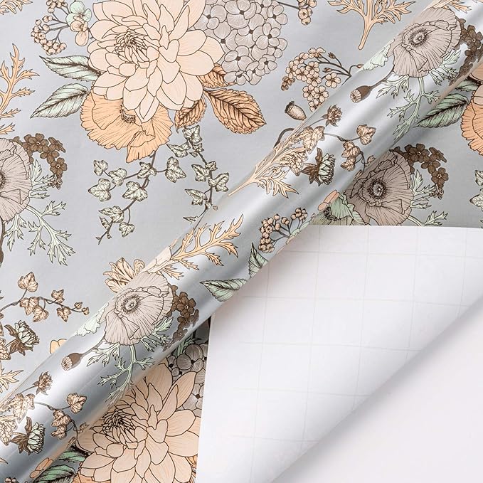 WRAPAHOLIC 30 Inch Floral Wrapping Paper - 30 Inch X 33 Feet - Pearlized Silver Vintage Floral Wedding Wrapping Paper for Birthday, Bridal Shower, Baby Shower