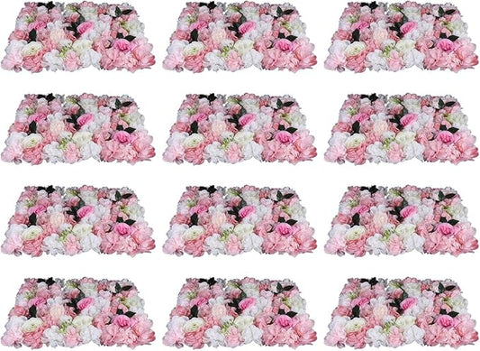12Pcs 15.75" x 23.62x 0.79 Artificial Flower Wall Panels,Flower Wall Mat Silk Flower Panels for Outdoor Garden Backyard Fence Fence Privacy Screen and Indoor Wall Decor(12Pcs White+Pink)