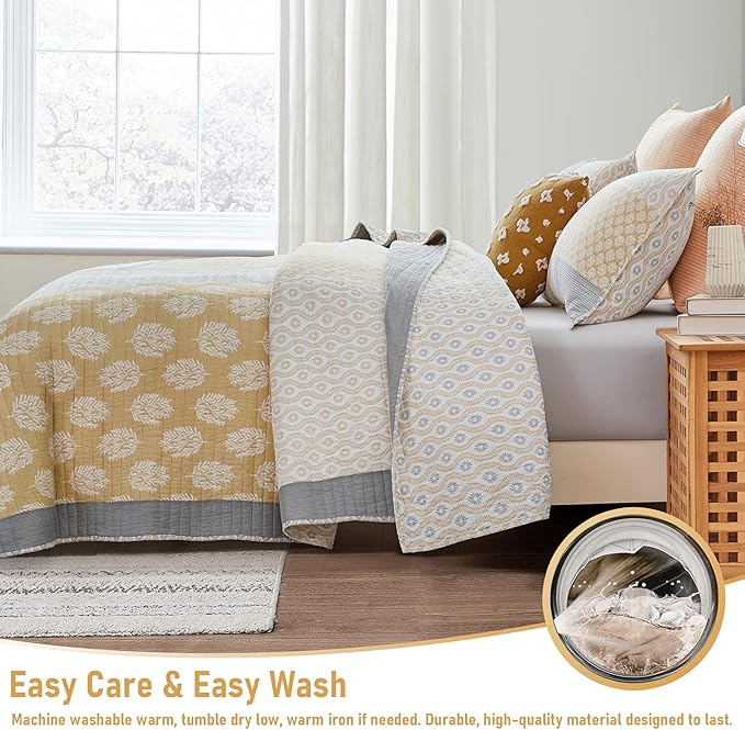 PANGUSHAN Quilt Set King Size,100% Cotton Bedspread Quilt Bedding Set,Floral Patchwork Quilt Set for King Bed,Yellow/Grey/White Bed Spread,Lightweight Comforter Reversible Quilt,All Season,3 Pieces