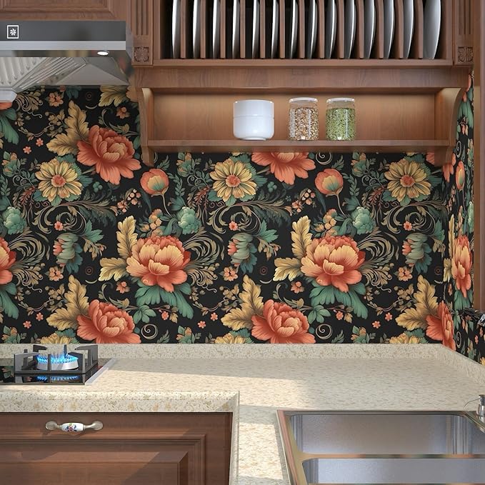 Vibrant Floral Peel and Stick Wallpaper Vintage,Boho Colorful Contact Paper,Peel Stick Cabinet,Wallpaper for Bedroom Bathroom Wall Removable Dark Black 17.5 x 118In
