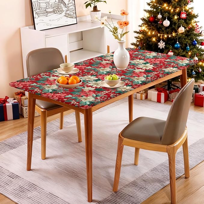 Rectangle Table Cloth Cover Waterproof Elastic Fitted Polyester Fitted Tablecloths for 6 Foot Tables for Indoor,Picnic, Camping, Outdoor （60" x 30"，Christmas Flowers）