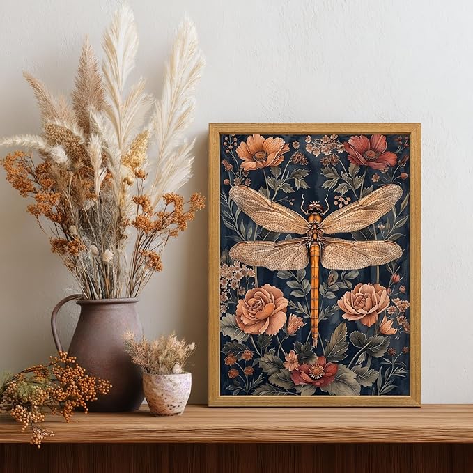 LLEEMPI William Morris Wall Art, Vintage Dragonfly Floral Wall Decor, Abstract Insect Flower Canvas Painting, Nature Botanical Poster Print for Living Room Bedroom Bathroom Office Wood Framed 16x24 inch