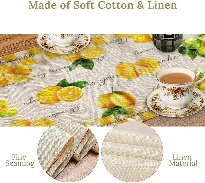Lemon Table Runner , Summer Yellow Fruits Green Leaves Kitchen Dinning Table Decoration for Indoor Outdoor Home Party Decor 13x90 in