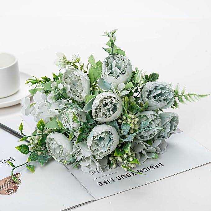 KAOYOO 4 PCS Artificial Peony Bouquet Short Stem for DIY Wedding Decoration Bridal Bouquet Home Decorations(Light Blue 4-PCS)