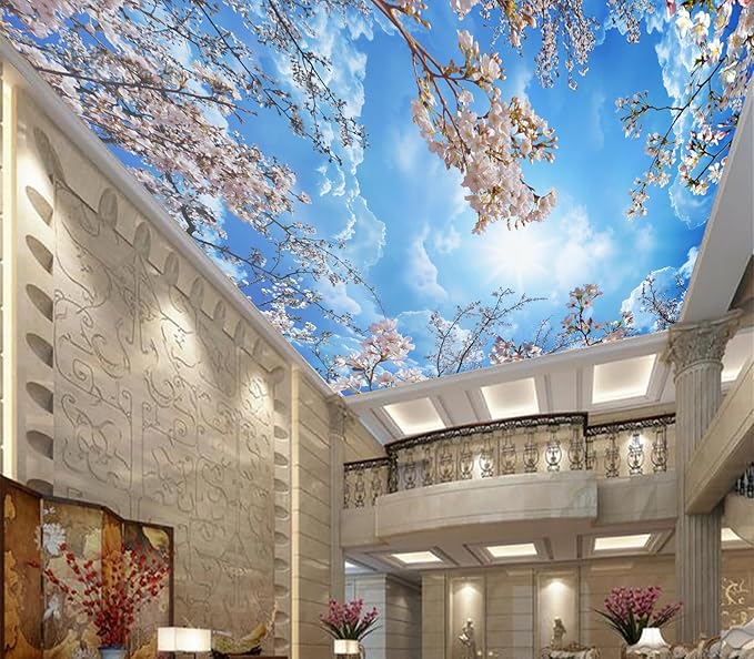 Eierme-NPink Cherry Blossoms and Blue Sky and White Clouds Ceiling Peel and Stick 137" x 102"