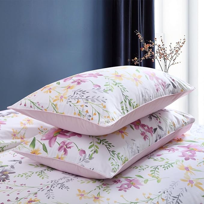 Brandream Floral Duvet Cover Set Twin Size 3 Pieces 800TC Egyptian Cotton Printed Modern White Pink Bedding