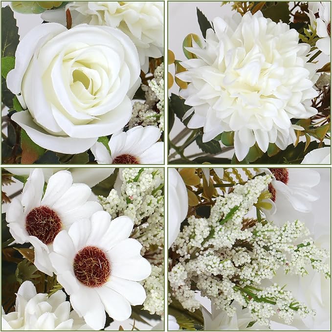 Dremisland Artificial Flowers Like Real Artificial Bouquet 2 Packs Silk Artificial Roses Bouquet with Daisy Chrysanthemum White Flowers for Centerpiece Table Wedding Party Home Decor