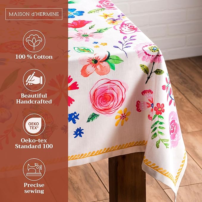 Maison d' Hermine Table Cloth Square Table 100% Cotton 54 x 54 Inches Tablecloth Reusable Decorative for Dining Room, Farmhouse, Home, Party, Festive & Wedding Spring Summer - Happy Florals - Sweety