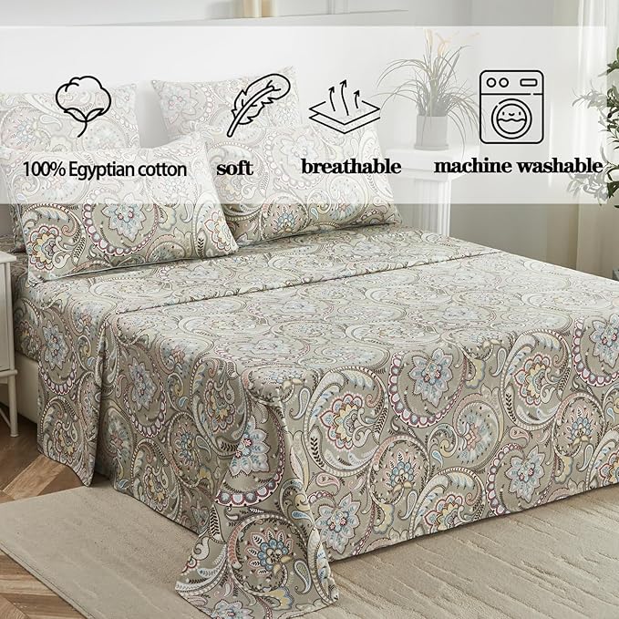 FADFAY Paisley Sheets Set Cal King Vintage Floral Bedding 100% Egyptian Cotton Soft Bed Sheets Luxury 17.7“ Deep Pocket Fitted Sheet Shabby Beige Boho Style for All Season, California King Size