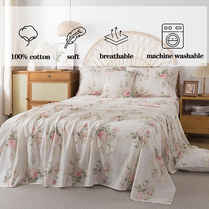 FADFAY 100% Cotton Twin XL Bed Sheet Set, 4 Piece Pink Rose Floral Printed Bedding, Soft Breathable Cooling Sheets with Deep Pocket Fitted Sheet, Flat Sheet & Pillowcases, Cottagecore All Season