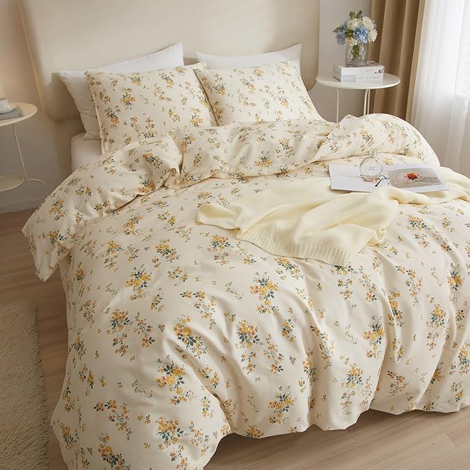 Garden Style Yellow Floral Comforter Set Twin XL Chic Flower Leaves Printed Girls Floral Bedding Set Fluffy Soft Microfiber Twin XL Comforter with 2 Pillowcases Vintage Floral Botanical Comforter Set