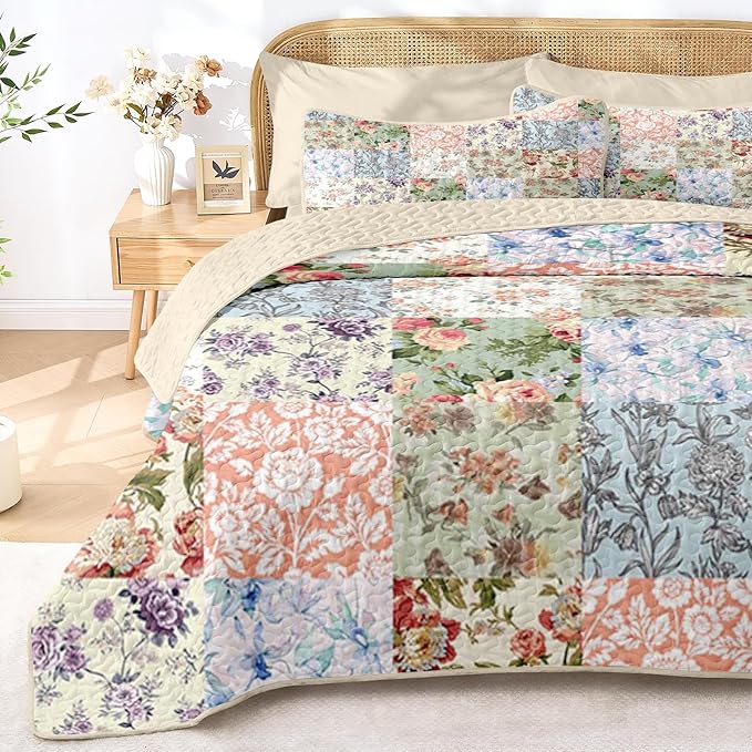 Quilt Set Twin Size, Vintage Patchwork Floral 2 Pcs Soft Bed Cover Bedding Set, Boho Mid Century Lightweight Bedspread Coverlet with Pillow Sham for All Season