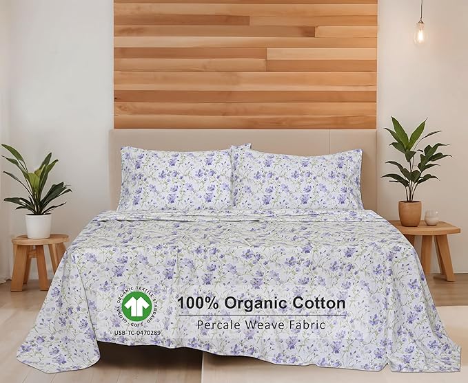 RUVANTI 100% Organic Cotton Sheets Full Size, Percale Weave, GOTS Certified, 4-Piece Set, Deep Pocket 15", Crisp & Breathable, Soft Durable Bedding, Sábanas Algodón Orgánico – Heather