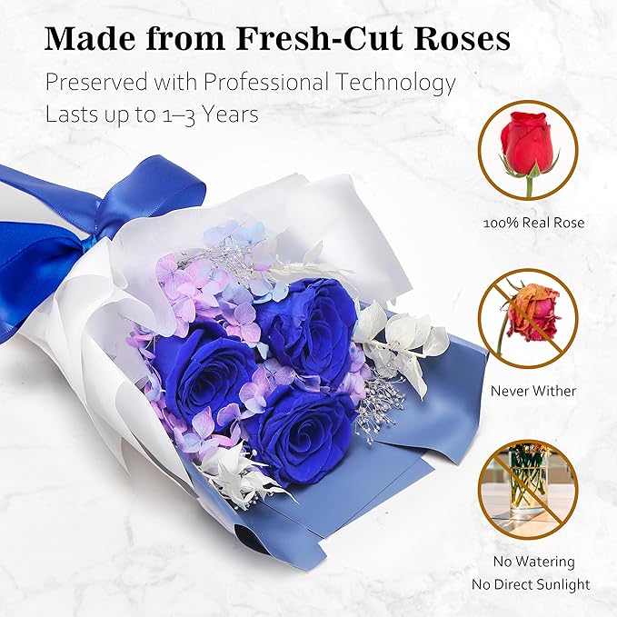 Flower Bouquet Gifts for Her, Flowers for Delivery Prime, Preserved Roses Flower Gifts for Women, Valentines Flowers, Mom Gifts from Daughter Son, Birthday Gifts, Real Roses,Blue Roses