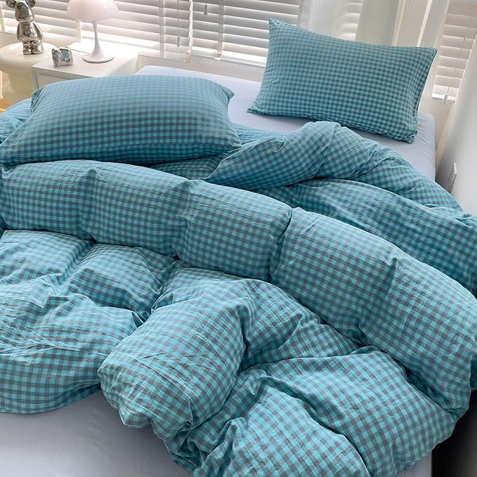 LifeTB Queen Comforter Set Blue Grey Gingham Comforter with 2 Pillowcases Modern Style Geometric Plaid Grid Comforter Farmhouse Gingham Bedding Set 3 Pieces Fluffy Checkered Comforter Set