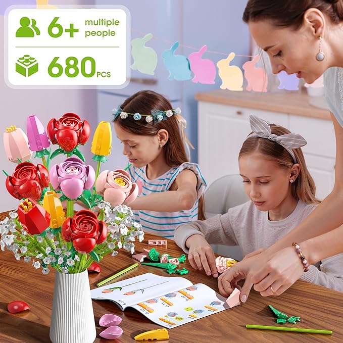 Flower Bouquet Building Set, 680PCS Tulip & Rose Block Kit for Adults & Kids Ages 6+, DIY Floras for Home Office Decor, Birthday, Valentine's Day & Mother's Day