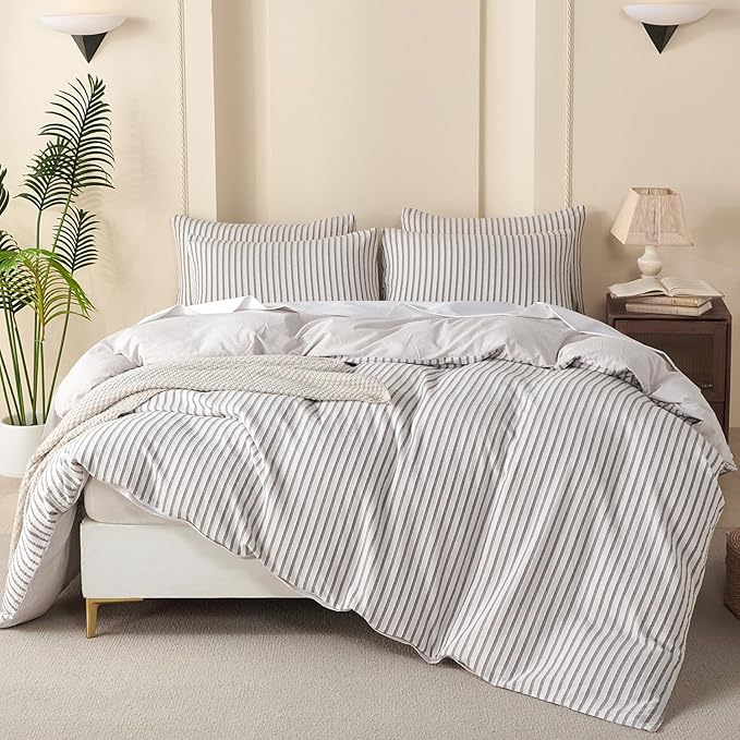 Grey Duvet Cover Queen Size Striped Washed Microfiber Jacquard 3 Pieces Bedding Set, Grey White Vertical Ticking Stripes Pattern Comforter Cover with Zipper Closure Breathable Durable Soft Comfy