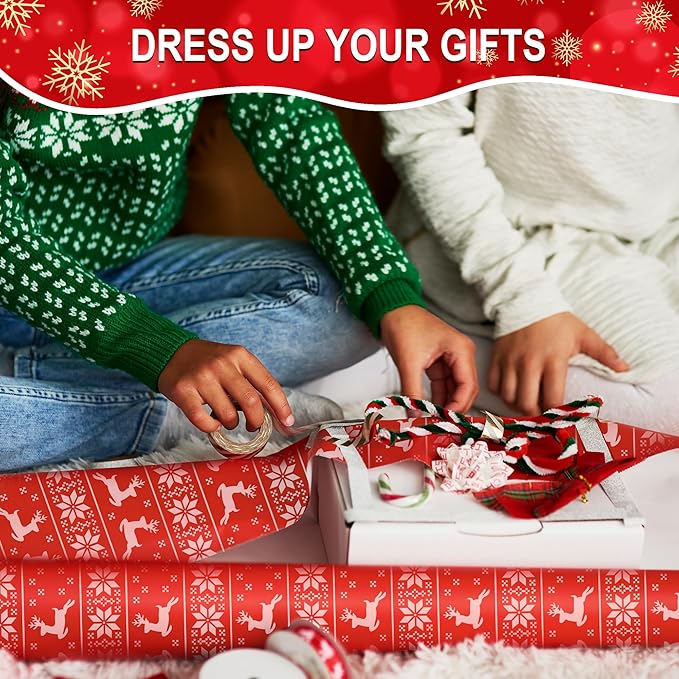 Hexablenzio Christmas Wrapping Paper Bulk Set of 4 Rolls (93 sq. ft. ttl) Santa Claus, Reindeer, Christmas Tree, Snowman Patterns for Holiday Gift Wrap - 17 inches x 16.5 feet Per Roll