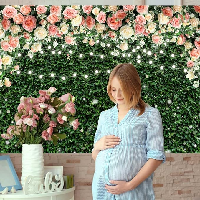 Sensfun Flower Wall Backdrop Spring Pink Rose Blossom Green Leaves Photography Background Floral Grass Birthday Baby Shower Miss to Mrs Wedding Bridal Shower Backdrops Portrait Photo Booth Props 8x6ft