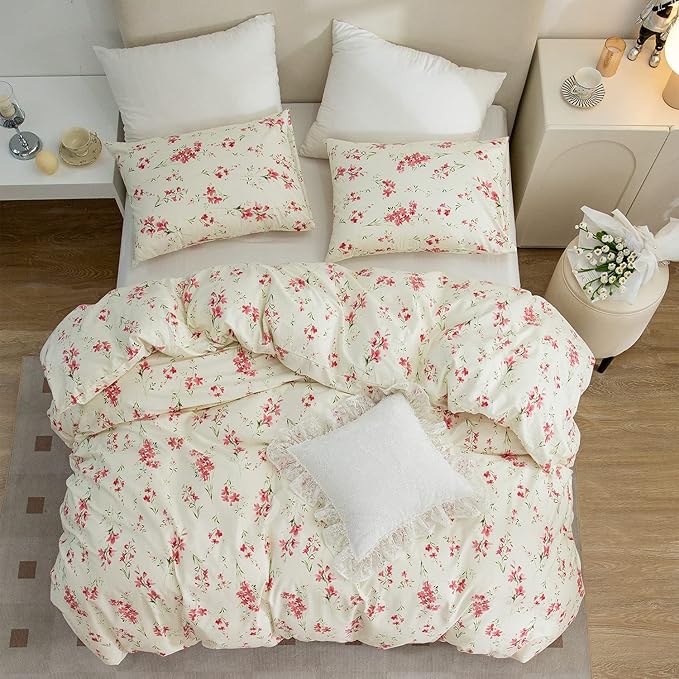 Floral Comforter Set Queen Soft Bedding Comforter Set 3 Pieces Garden Style Red Flower Print Botanical Flowers Comforter Set for All Seasons 1 Comforter and 2 Pillowcases (Floral, Queen)