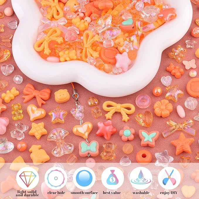 Assorted 200-260PCS Orange Acrylic Beads for Bracelet Making, Flower Bow Candy GummyBear Bracelet Charms,Cute Beads for Jewelry Making DIY Necklace Keychain Phone Charm Christmas Gift