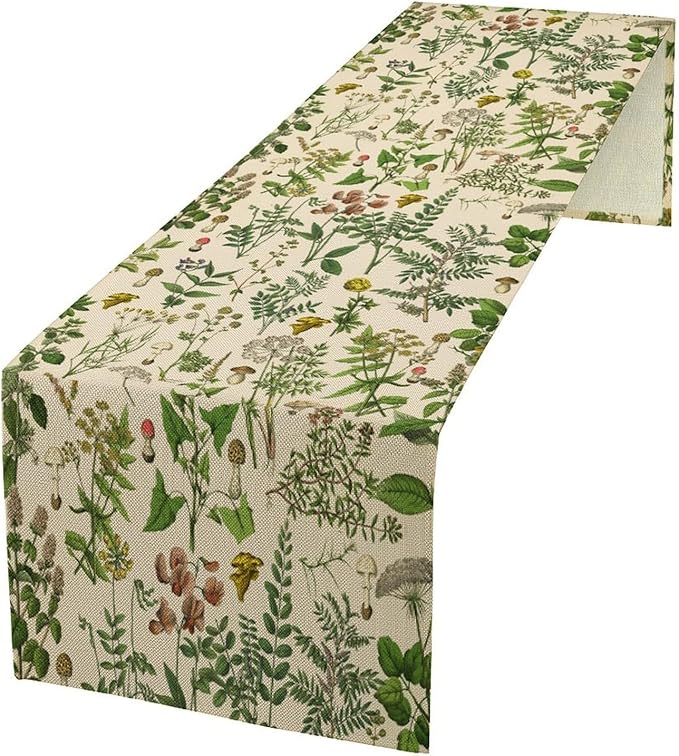 Vintage Botanical Mushroom Table Runner Wild Floral Retro Boho Plants Herbs Ferns Dinner Runner for Farmhouse Cabin Home Kitchen Dining Holiday Party Decor 13x70in