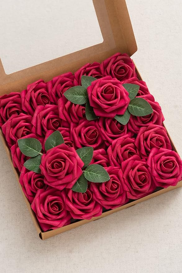 Ling's moment Artificial Flowers 25Pcs Hot Pink Roses Decor w/Stems,3" Real Touch DIY Foam Floral for Wedding Bouquet/Centerpieces, Outdoors Party Backdrop, Room/Table, and Garden/Pot Decorations