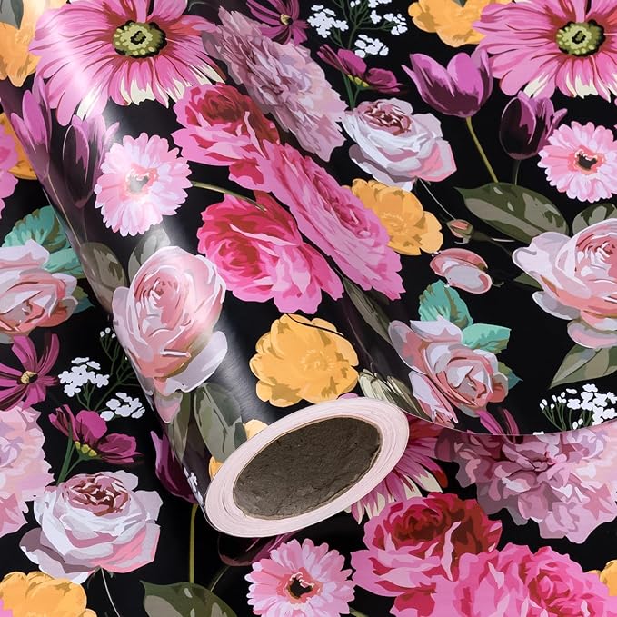 WRAPAHOLIC 30 Inch Reversible Floral Wrapping Paper - 30 Inch X 33 Feet - Colorful Flower Wrapping Paper for Birthday, Mother's Day, Wedding, Baby Shower, Bridal Shower