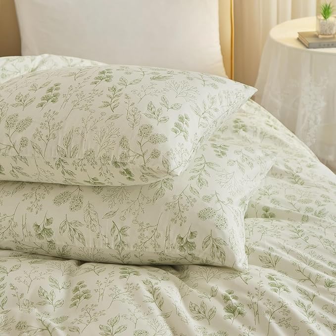 Vintage Boho Floral Duvet Cover Queen White Green Floral Print Bedding Set Cotton Botanical Floral Comforter Cover Garden Flowers Aesthetic Bedding Cover Boho Style Queen Duvet Cover with Zipper Ties