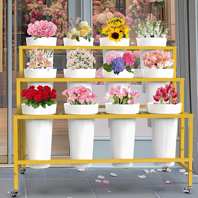 Flower Display Stand with 12 Buckets, Flower Cart Gold 3 Layers Metal Flower Bar Stand with Wheels, Moving Florist Bouquet Shelf for Weddings Florist Indoor Living Room Outdoor Patio Garden