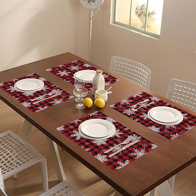 Christmas Snowflakes Placemats Set of 4 Buffalo Plaid Place Mats Washable Table Dinner Mats Linen Table Mats for Kitchen Dining Party Home Kitchen Decor 12x18 Inch