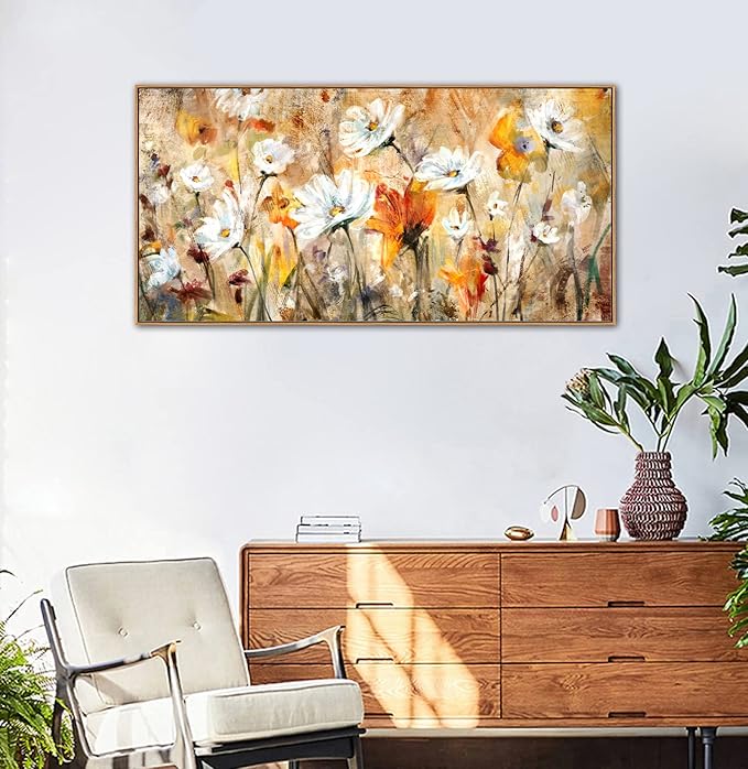 Framed Abstract Floral Wall Art for Living Room Decor Flowers Canvas Wall Pictures White Red Orange Yellow Brown Modern Daisy Artwork Canvas Prints Bedroom Kitchen Office Home Wall Decor 20"x 40"