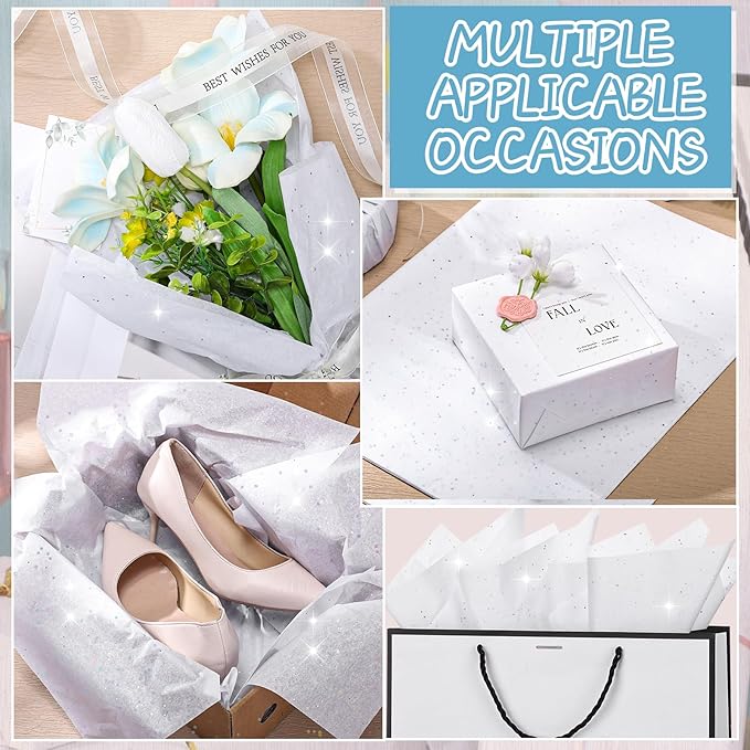 woric 135 Sheets White Tissue Paper for Gift Bags 20 x 14 Inch Glitter Tissue Paper for Birthday Baby Shower Wedding Christmas Decor Art DIY Crafts