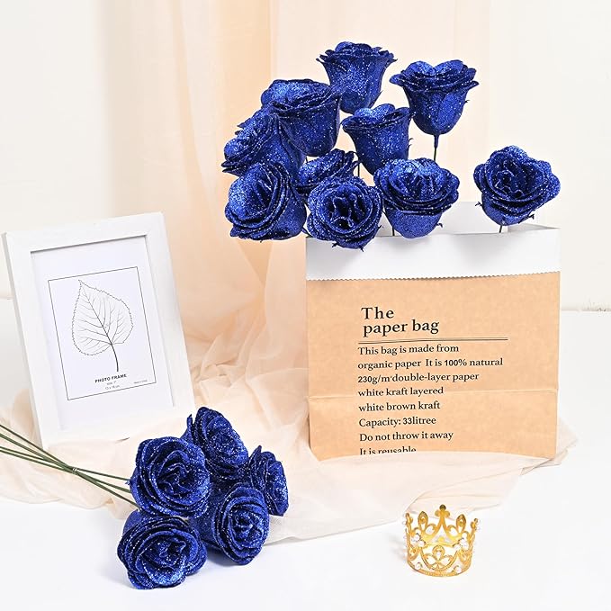 Waipfaru Glitter Roses Bouquet, DIY Fake Flowers Bouquet, Birthday Gifts for Women Mom, 36 Pcs Blue Rose for Grandma Wife Girlfriend Valentines, Mothers Day, Anniversary, Graduation
