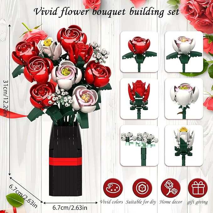 Roses Flower Bouquet Building Kit, Artificial Roses Flower Bouquet Building Set with Vase, DIY Artificial Flower Bouquet Set for Home Office Decoratin, Valentine Christmas