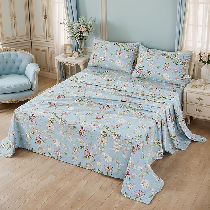 Brandream Floral Bedding Botanical Flower Farmhouse Queen Size Sheets Set Luxury Bedding Collections 800 Thread Count 100% Egyptian Cotton Deep Pocket, 4 Piece Blue