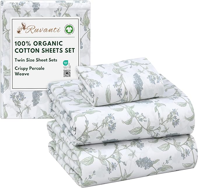 RUVANTI 100% Organic Cotton Sheets Twin Size, Percale Weave, GOTS Certified, 3-Piece Set, Deep Pocket 15", Crisp & Breathable, Soft Durable Bedding, Sábanas Algodón Orgánico – Vine Yard