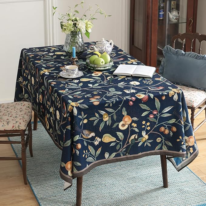 Linen Square Blue Tablecloth,Wrinkle Resistant French Vintage Tablecloth Print with Foral,Decor Table Cloth for Thanksgiving,Dining Room,Home,Kitchen 55" × 55"-DeweyA Blue