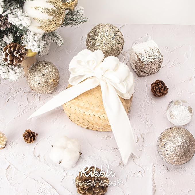 Ribbli White Velvet Wired Ribbon 1.5 Inch Velvet with Satin Christmas Ribbon for Gift Wrapping Christmas Tree Decoration Crafts Wreaths Supplies-Continuous 10 Yards