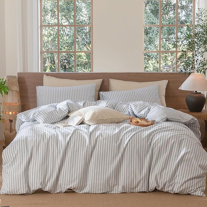 MooMee Striped Duvet Cover Set 100% Washed Cotton Linen Like Textured Breathable Durable Soft Comfy (Cornflower Blue White Classic Stripes, Super King 108"x98")