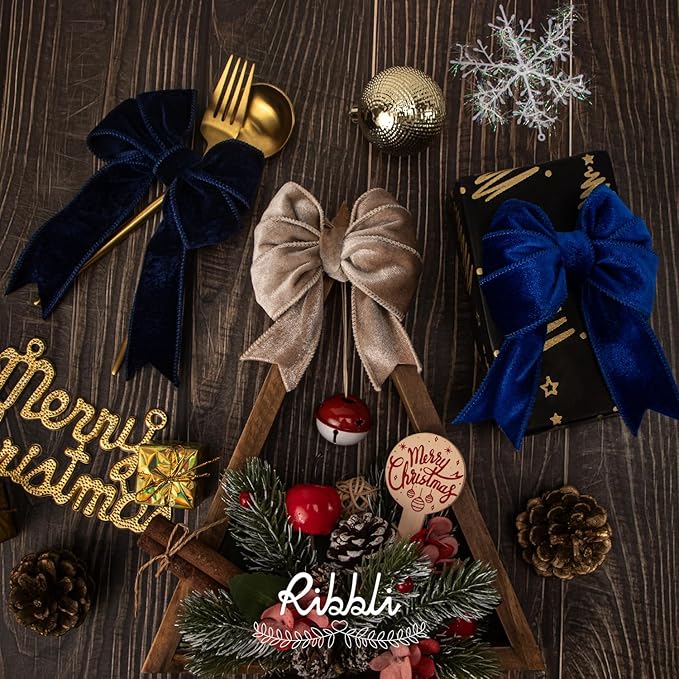 Ribbli Navy Velvet Wired Ribbon 1.5 Inch Velvet with Satin Christmas Ribbon for Gift Wrapping Christmas Tree Decoration Crafts Wreaths Supplies-Continuous 10 Yards