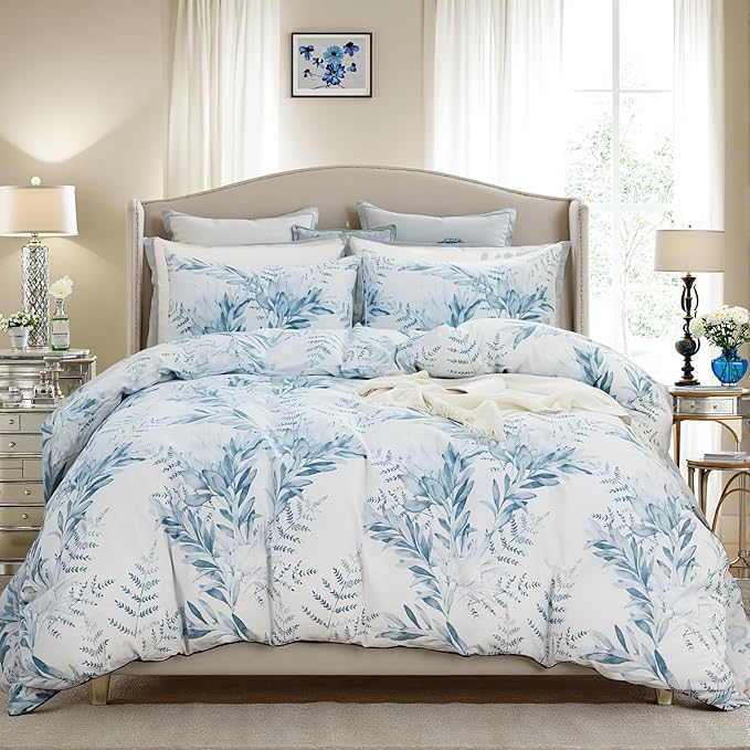 100% Cotton Duvet Cover King Size 3 Pieces, Blue Leaf Duvet Cover with Zipper Closure, Soft Floral Bedding Set White and Blue for All Season, Breathable, Ultra Soft