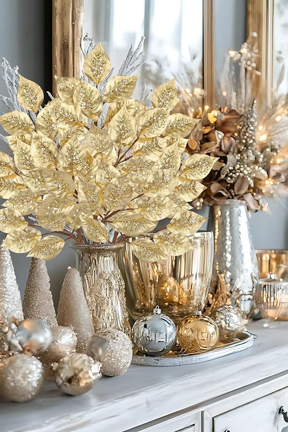 Christmas Tree Picks and Sprays 31.5" Gold Atrificial Elm Leaves with Stems 3 Pcs Christmas Picks for Tree Gold Vase Fillers Golden Leaf Decor for DIY Xmas Trees Centerpieces Wedding Bouquet Decor