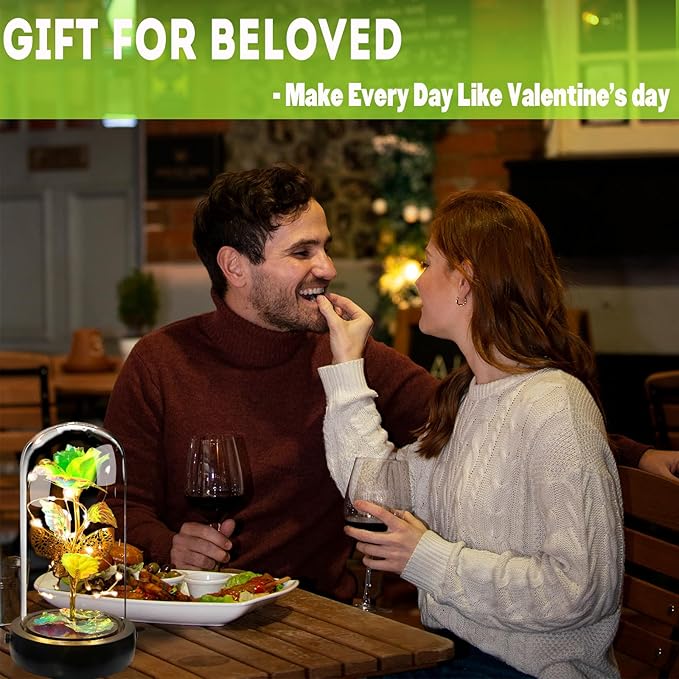Birthday Rose Flower Gifts for Women, Glass Flower Gift for Mom from Daughter Son, Colorful Green Light Up Rose in Glass Dome with Music Box for Her Wife Grandma