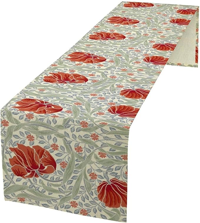 William Morris Table Runner, Retro Red Flowers Green Botanical Country Farmhouse Tabletop Decoration for Kitchen Dining Home Party 13x90 Inch