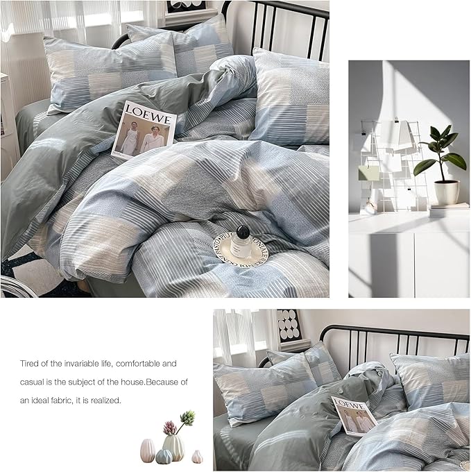 Farmhouse Twin XL Geometric Patchwork Comforter Set with Fluffy Plaid Striped Comforter and 2 Pillowcases for All Season Bedding