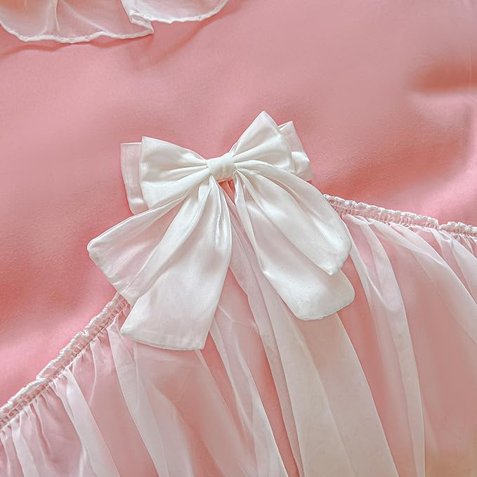 Girls Lace Bedding,Full Comforter Cover Set, Chic Ruffled Duvet Cover with Lovely Bow,Princess Style 1 Duvet Cover with 2 Pillowcases, No Comforter-Bright Pink,Full Size