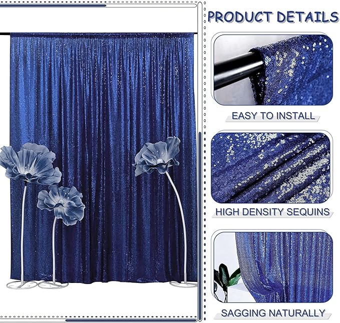 Navy Blue Sequin Backdrop Curtain 10FT x 10FT 1Panel Blue Glitter Photography Background Shimmer Backdrop for Wedding Party Baby Shower Holiday Event Party Decor